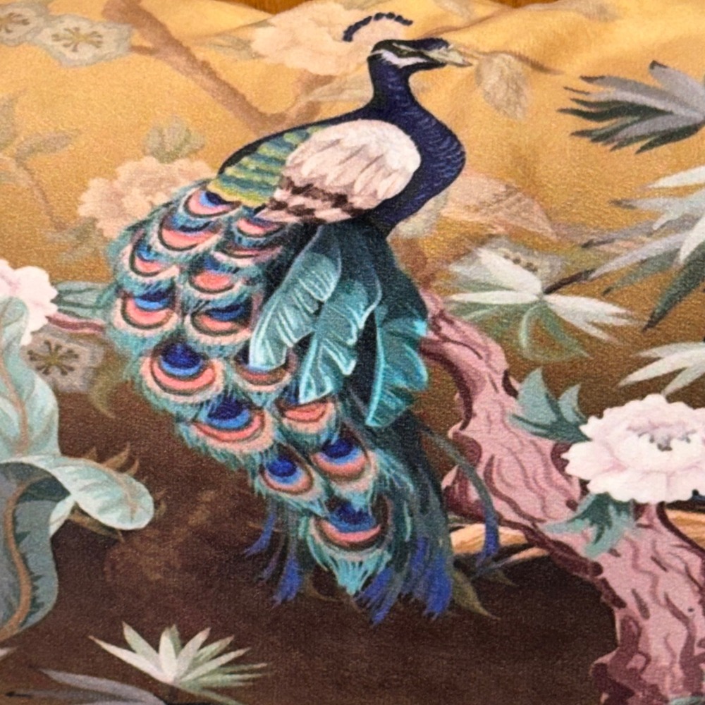 Peacock Bird Floral Lumbar Throw Pillow Chinoiserie Decorative Accent 18x10"
